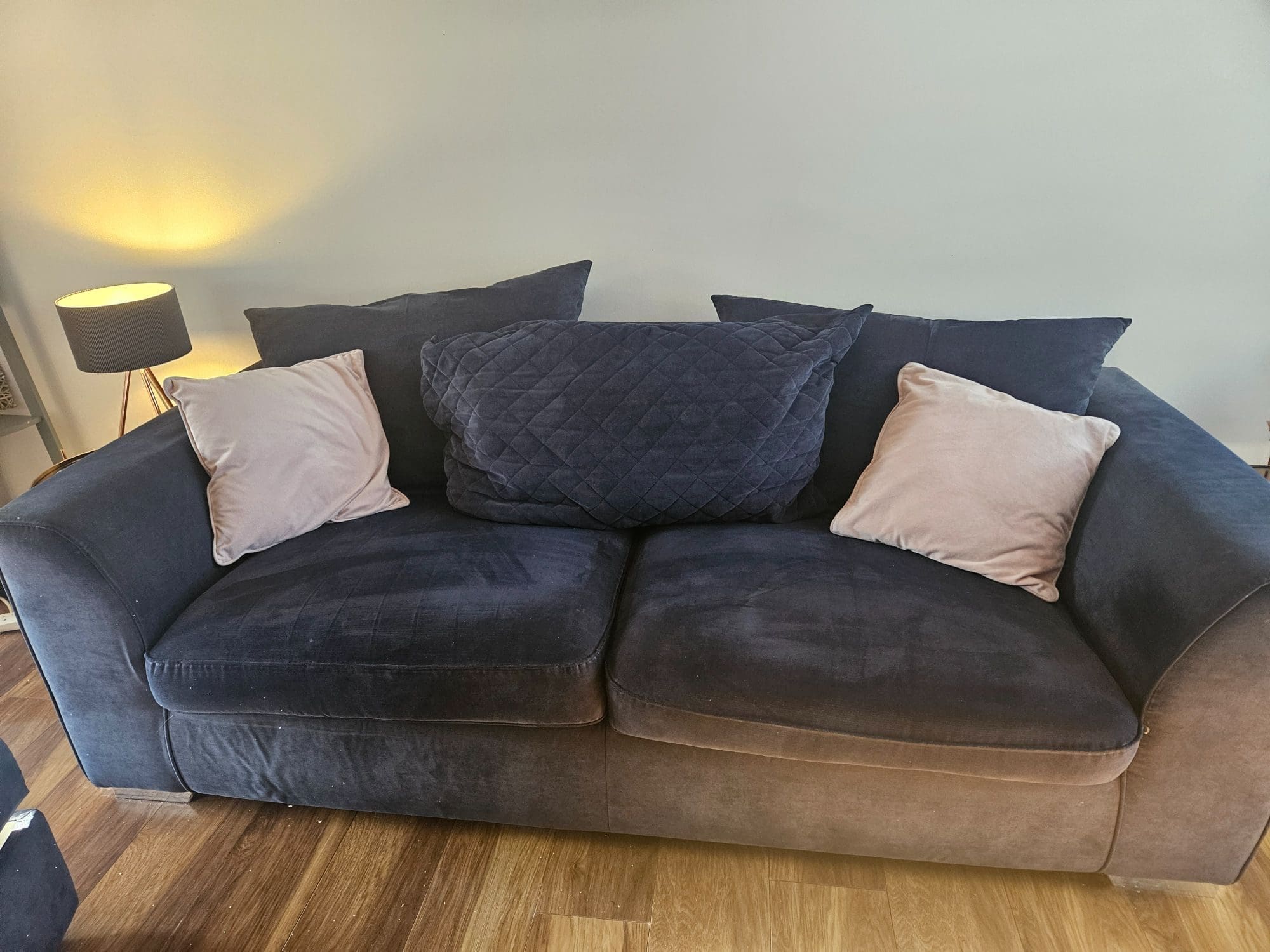 DFS Grey Blue 3 Seater Sofa and Footstool
