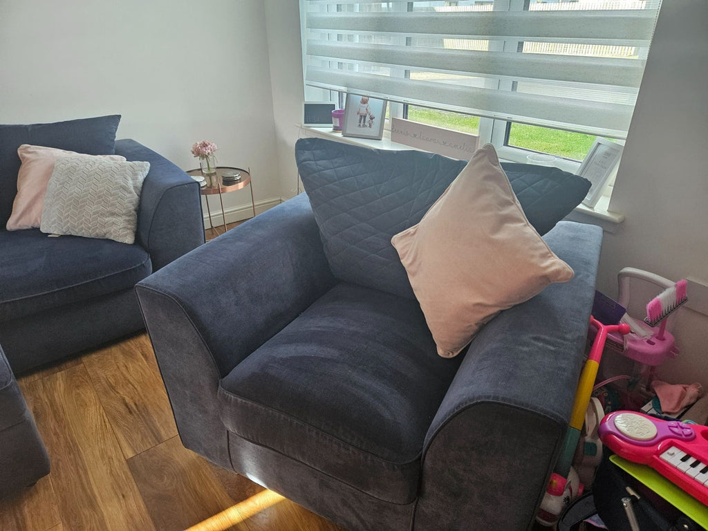 DFS Grey Blue 3 Seater Sofa and Footstool