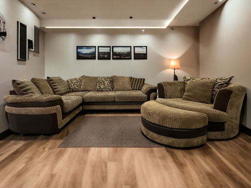 DFS Brown Large Corner Sofa with Cuddle Chair and Footstool