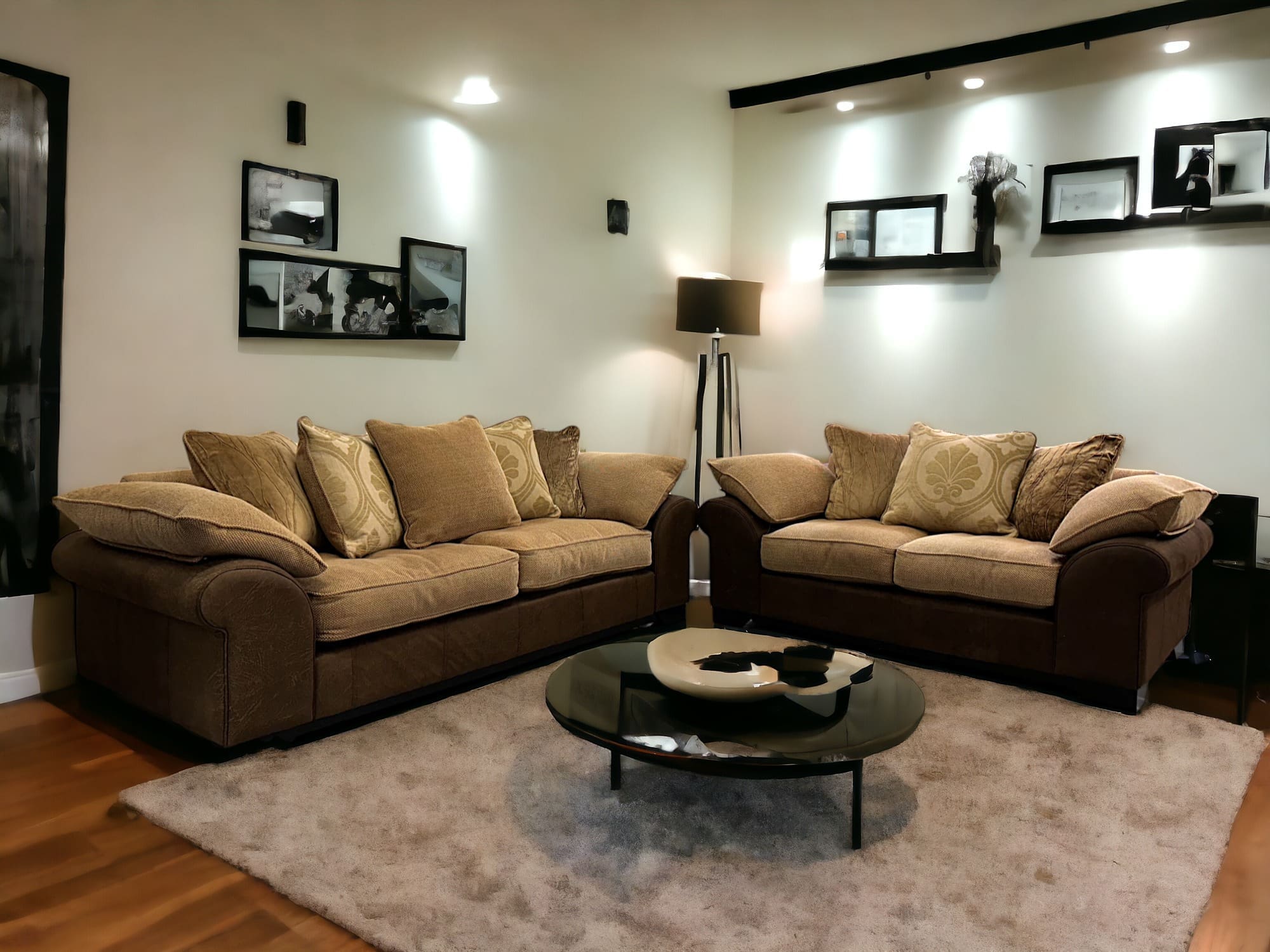 DFS Beige and Brown 3 & 2 Seater Sofa Set