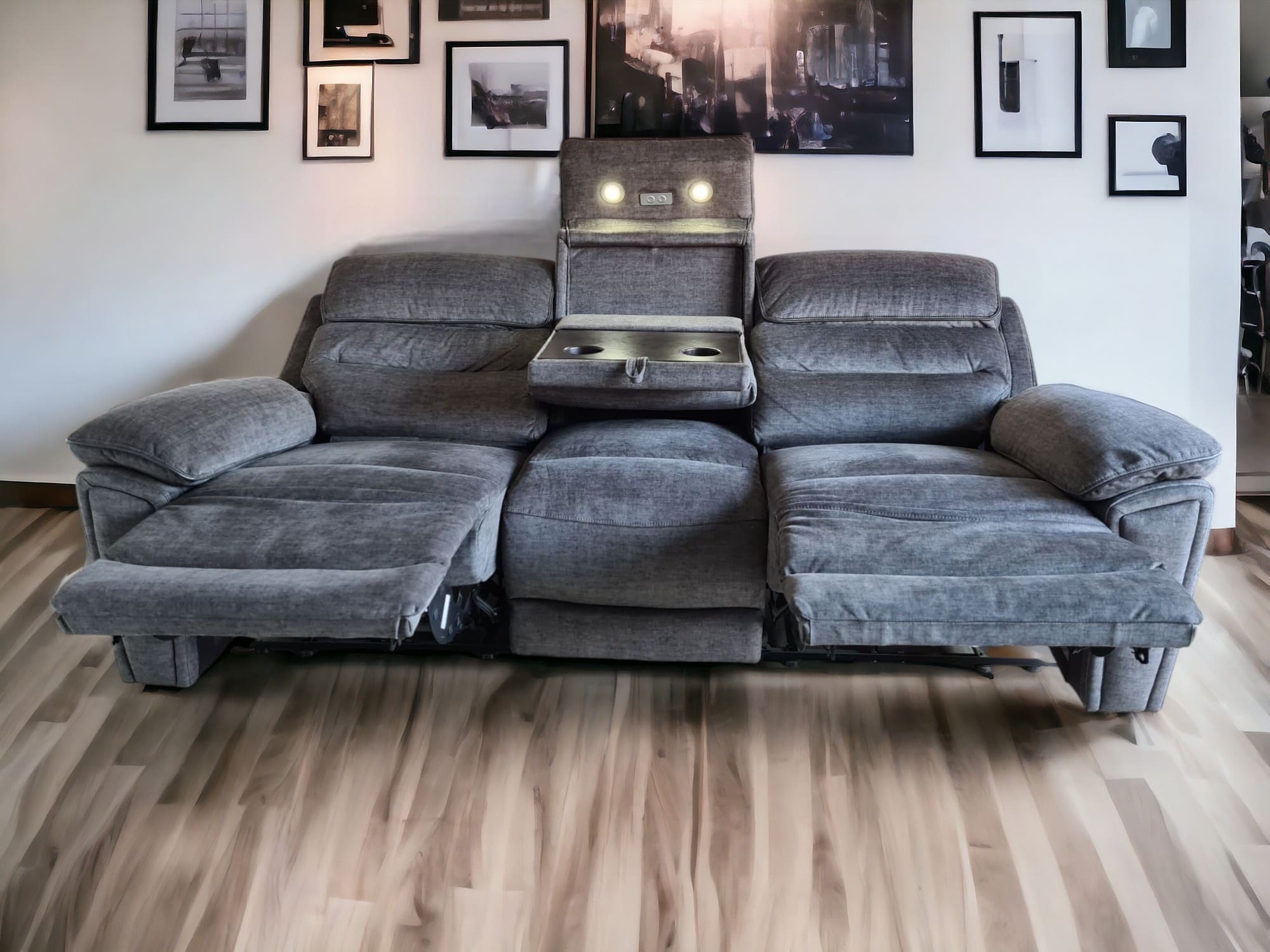 DFS Grey 3 Seater Electric Recliner Sofa with Center Console
