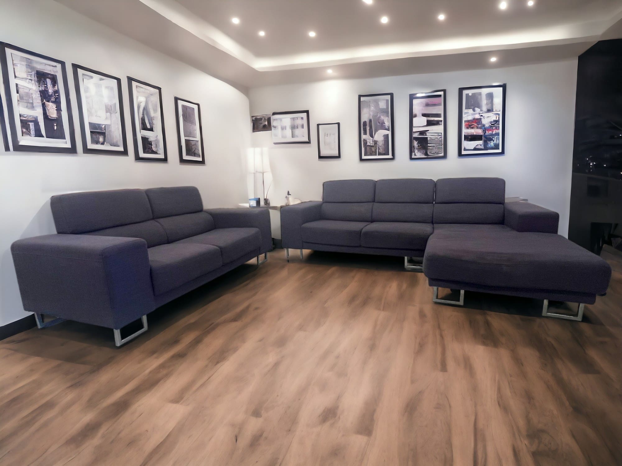 DFS Grey Blue L-Shape and 2 Seater Sofa Set