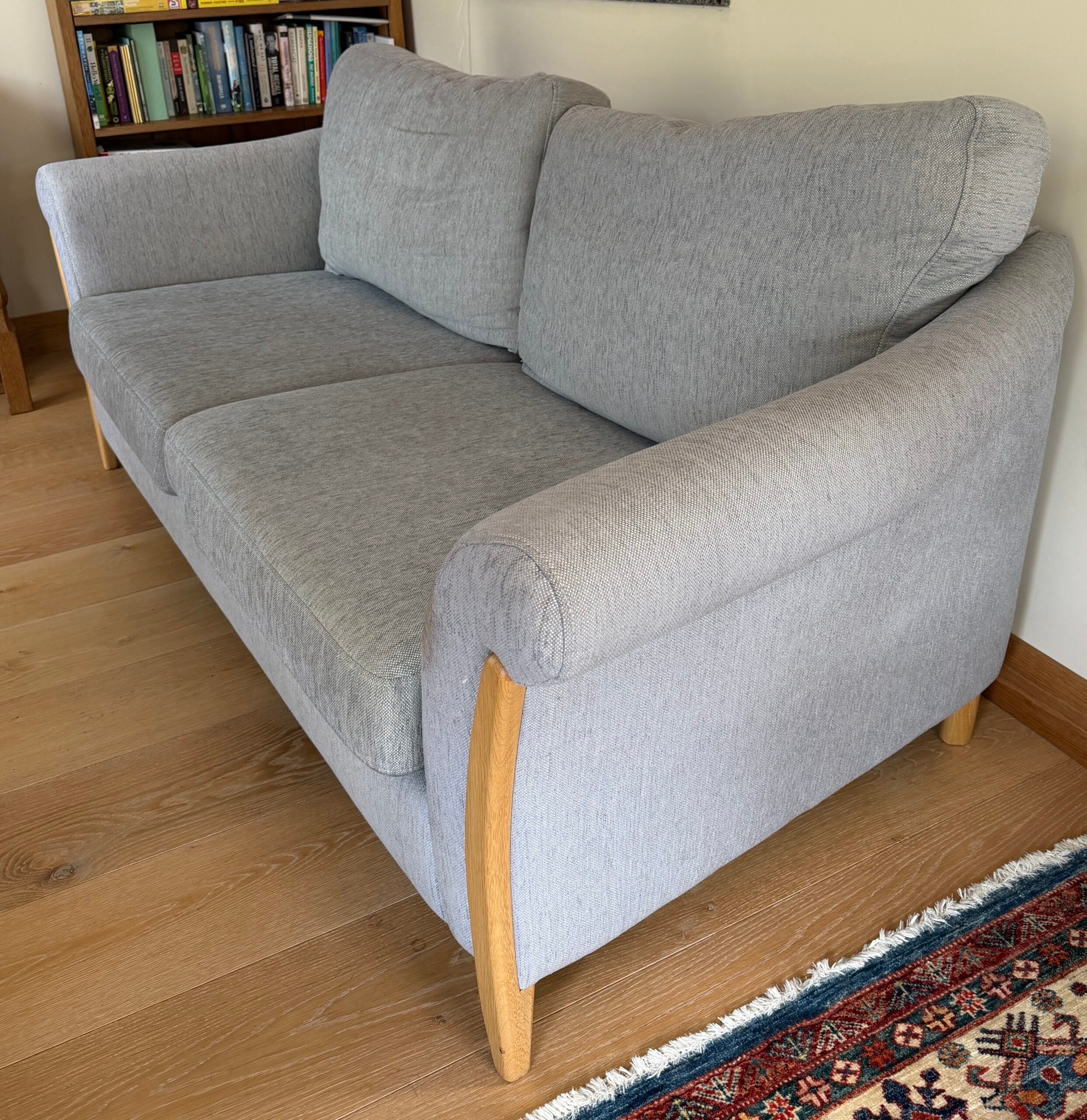 Ercol Triggiano 3 seater Sofa in soft blue, with solid oak frame
