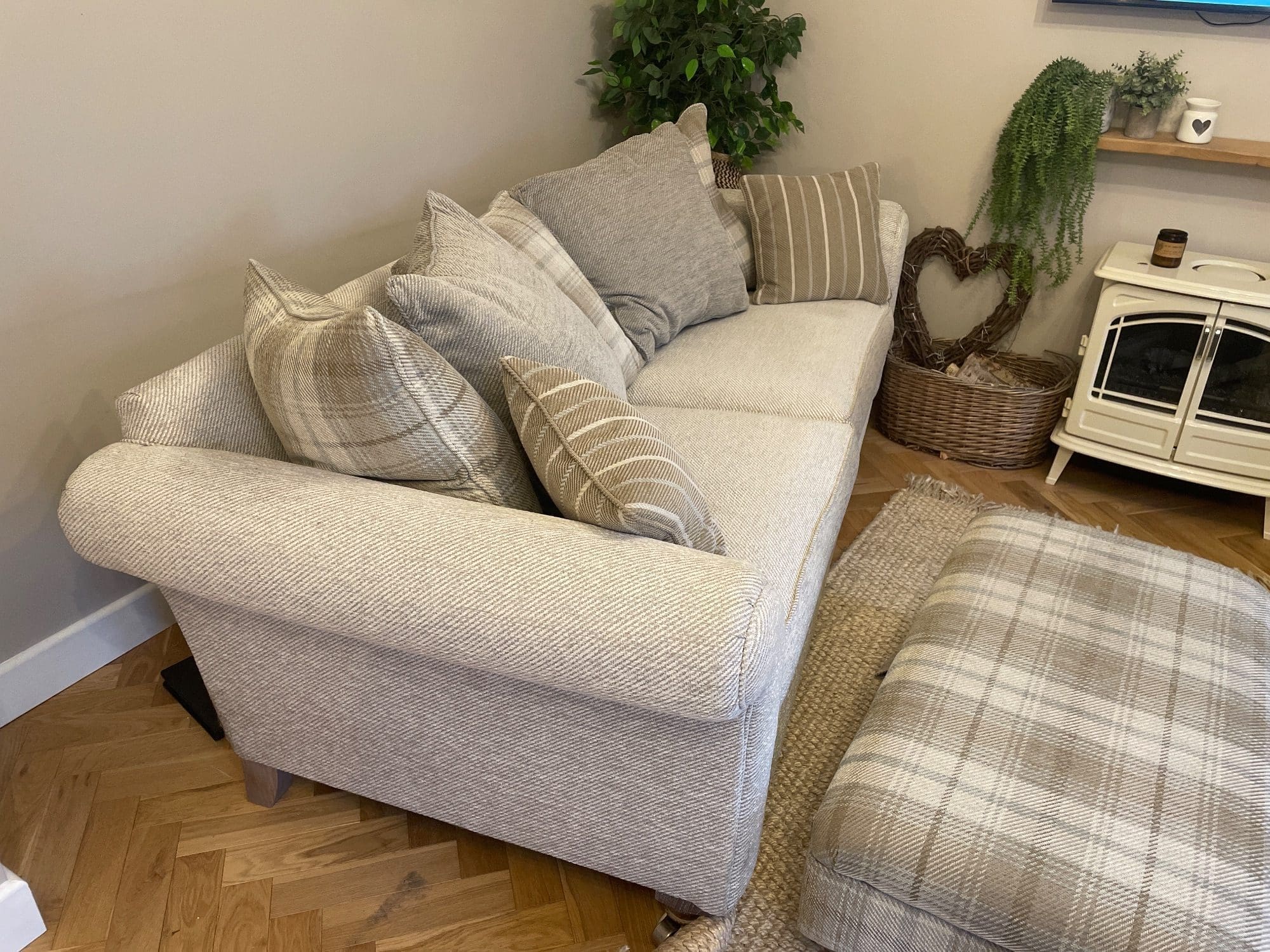 DFS Grey Two 4 Seater Sofas and Footstool