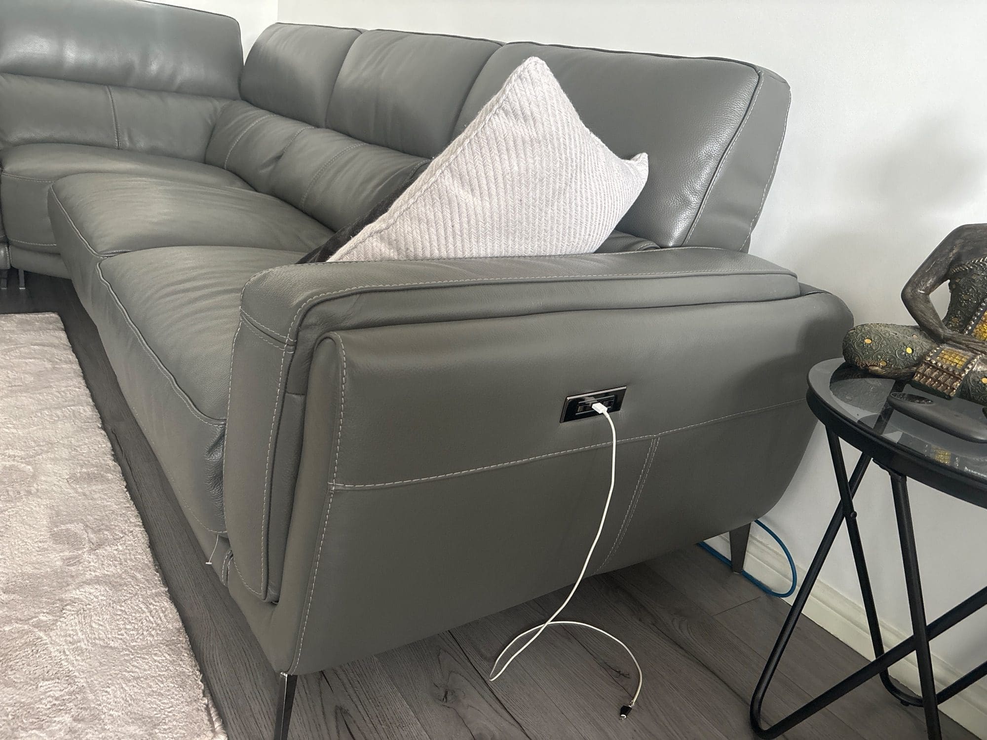 DFS Grey Leather Corner Sofa with USB Ports